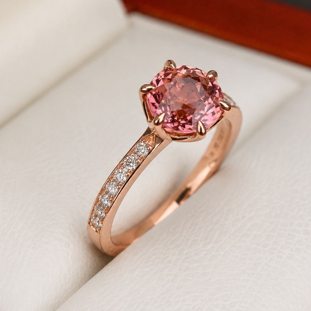 Rose gold ring with a pink gemstone in a tpremium beige and wood box