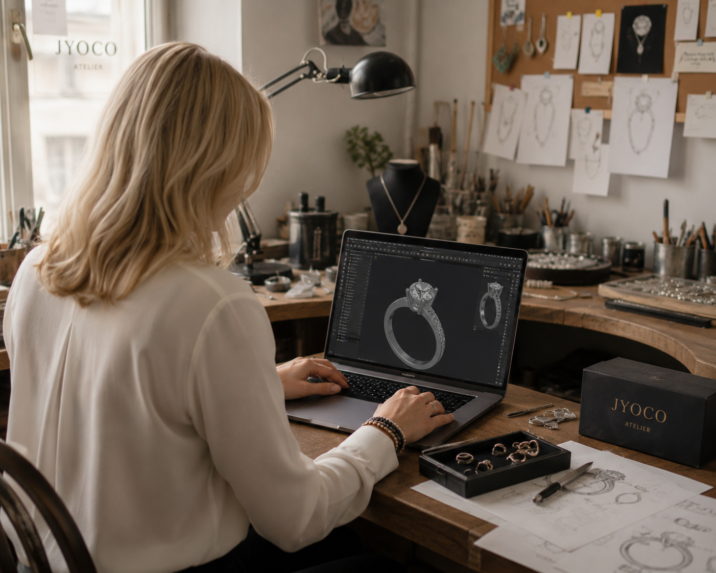 Joanna working in JYOCO atelier on client's ring design 
