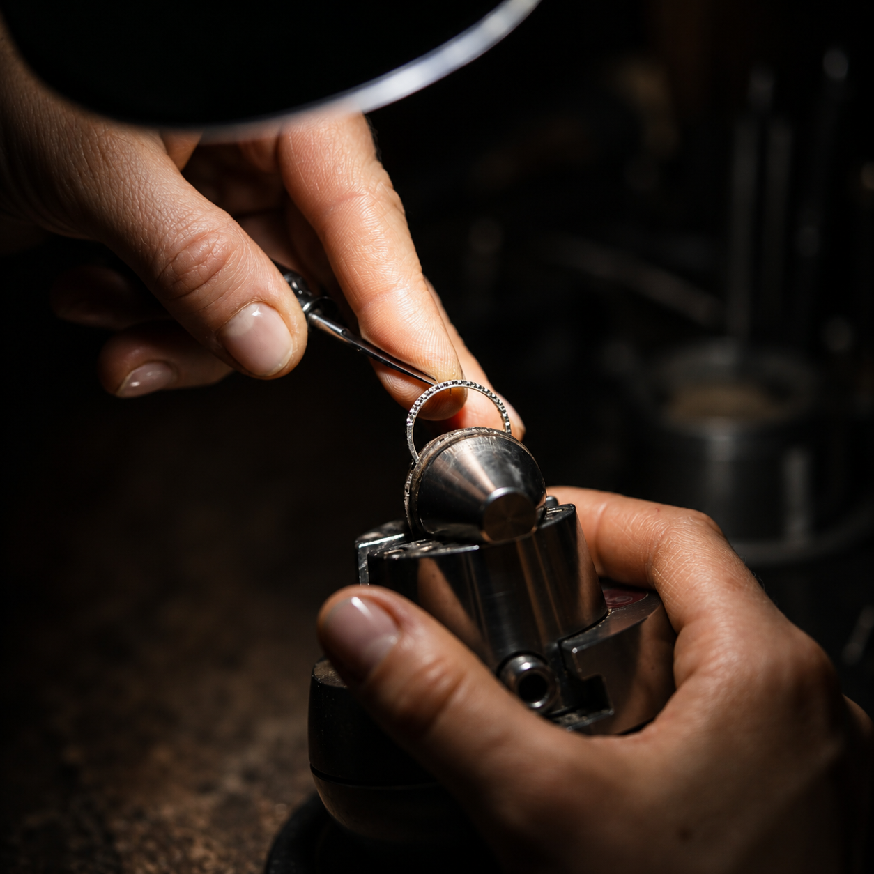 JYOCO atelier showing microscope gemstone setting close up hands photo with goldsmith tools