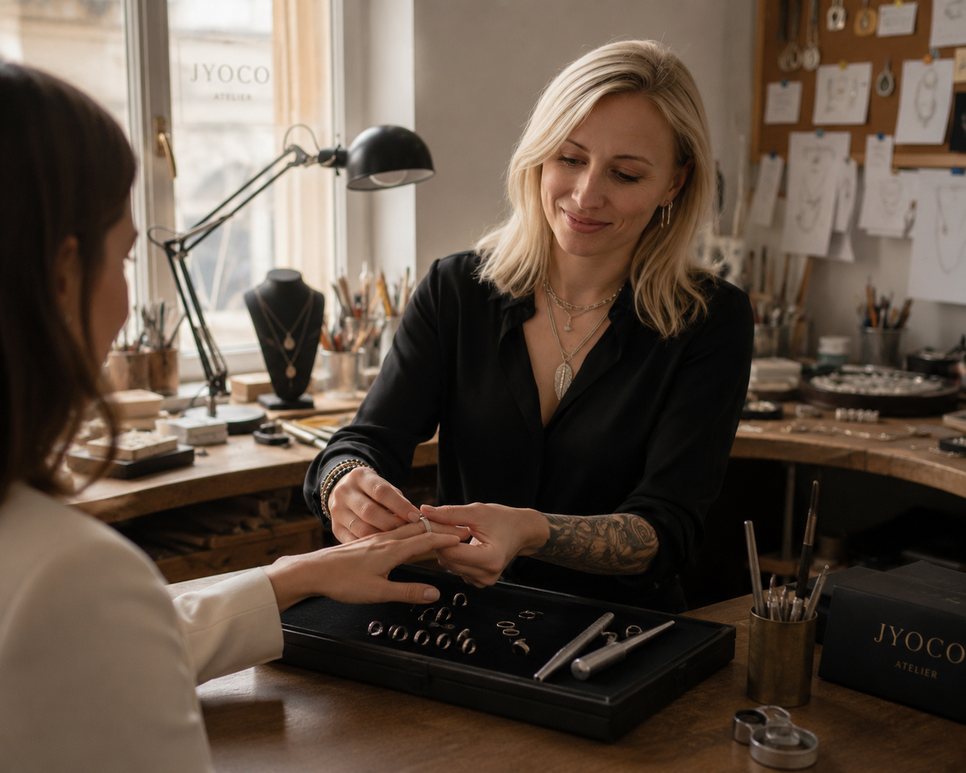 Woman getting a ring fitted by golssmith in a JYOCO atelier in Poznan.