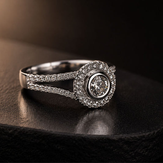 white-gold black Diamond ring with a dark background
