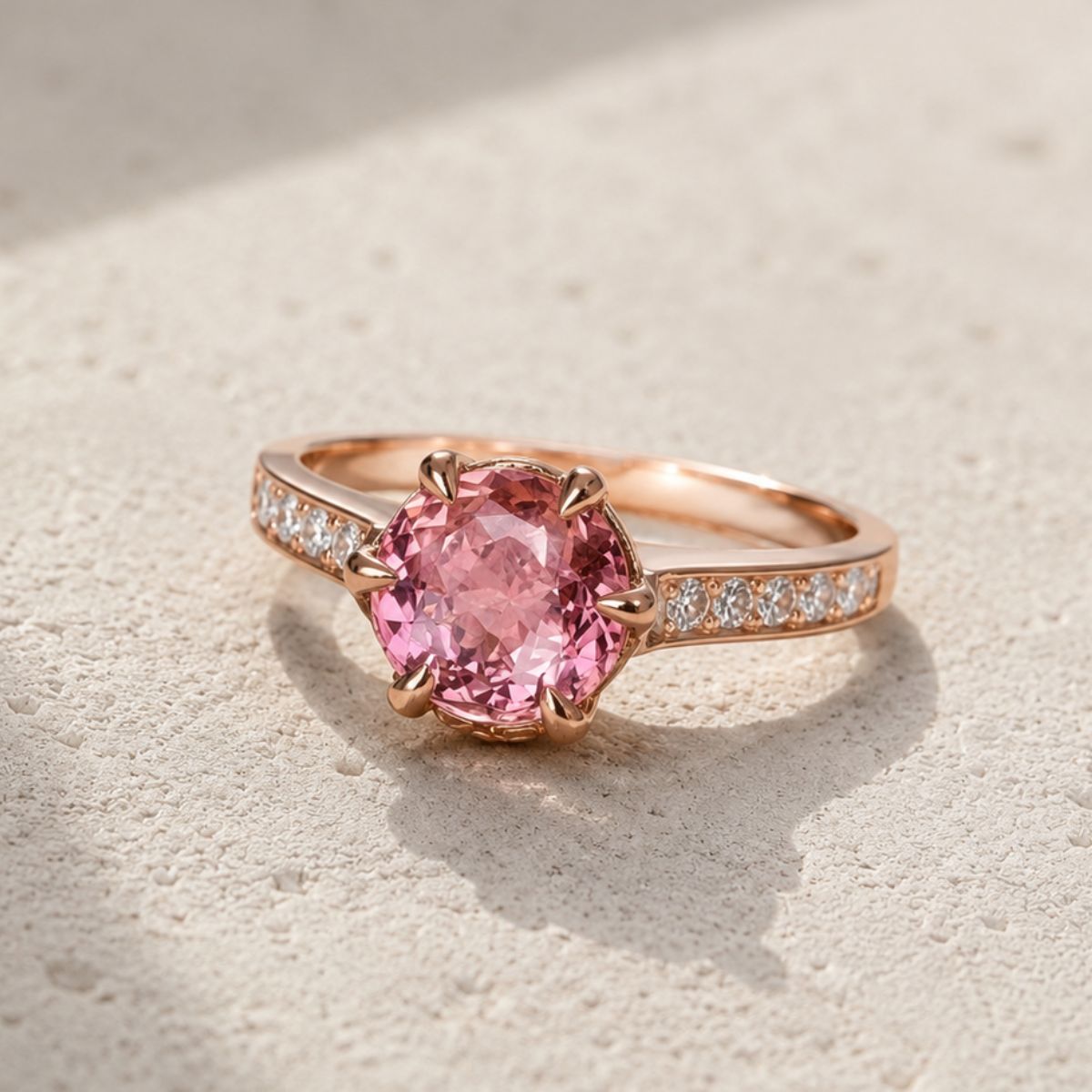 Rose gold ring with a pink gemstone on a textured beige surface