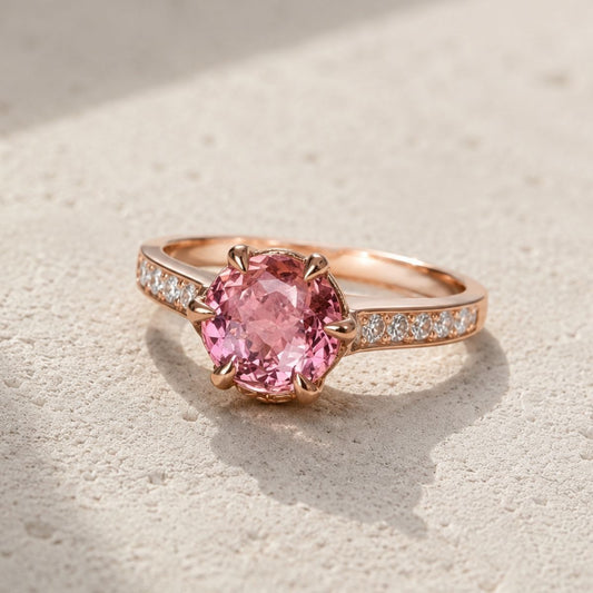 Rose gold ring with a pink gemstone on a textured beige surface