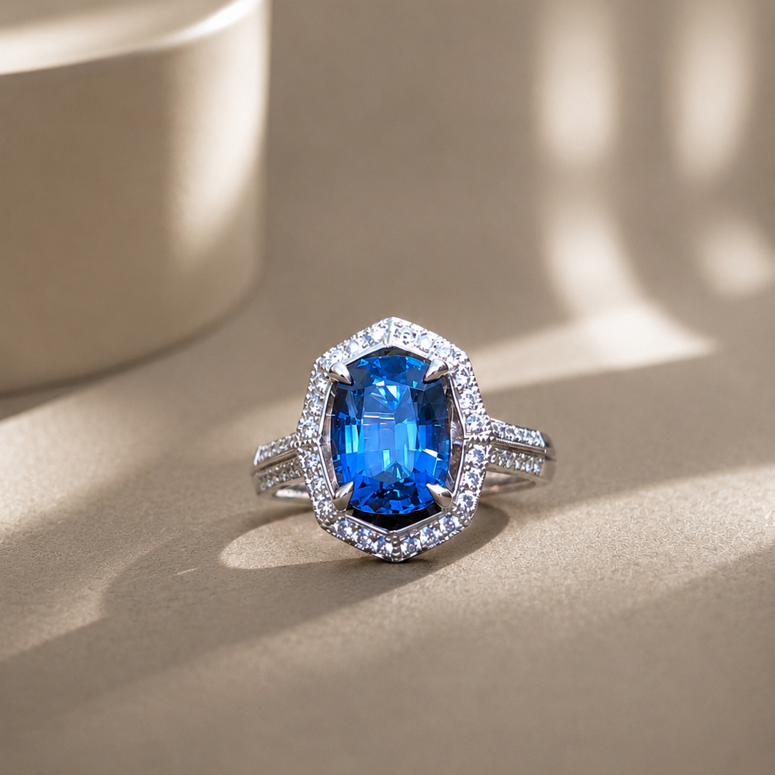Ring with a blue gemstone and diamond accents on a beige background