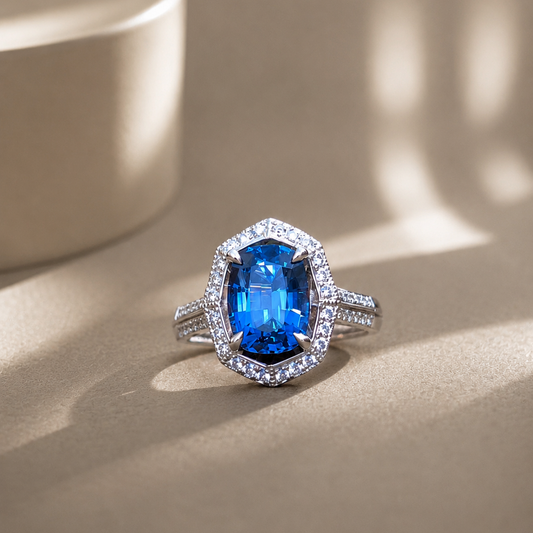 Ring with a blue gemstone and diamond accents on a beige background
