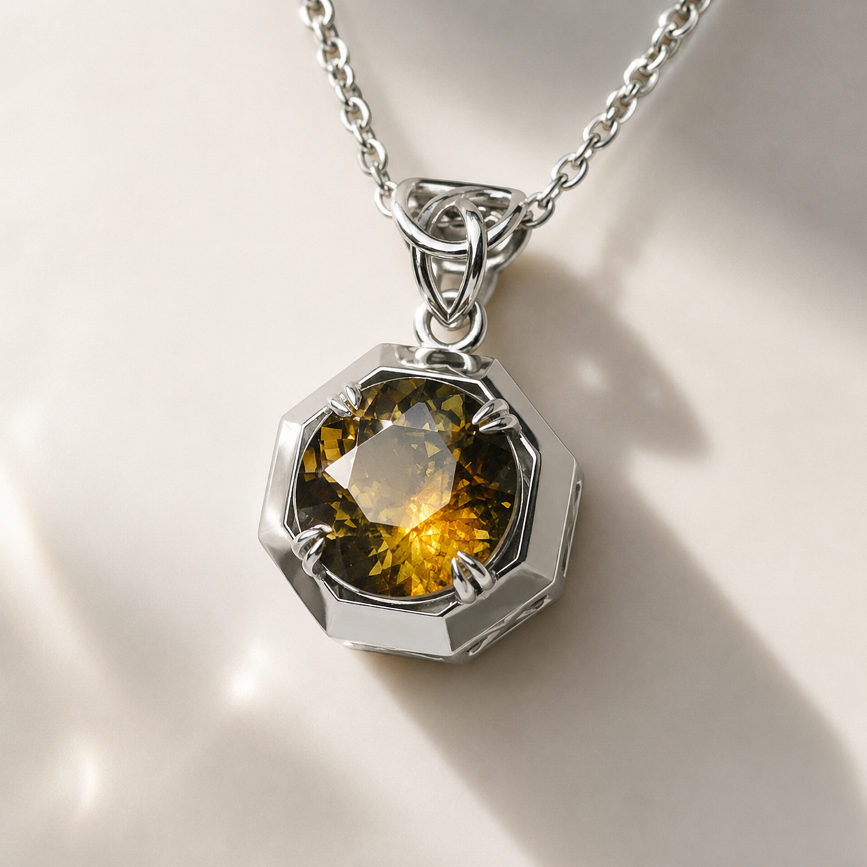 Silver pendant with a yellow gemstone on a light background